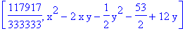 [117917/333333, x^2-2*x*y-1/2*y^2-53/2+12*y]